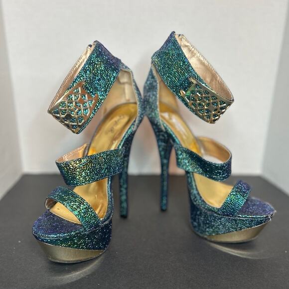 Qupid Cute gently used Sexy Blue/Green Sparkle Platform Heels with back zippe W7 - Picture 2 of 6